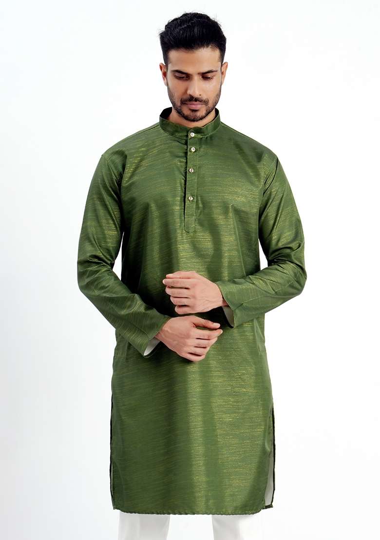 Green Jari Work Cotton Kurta For Men - Indya