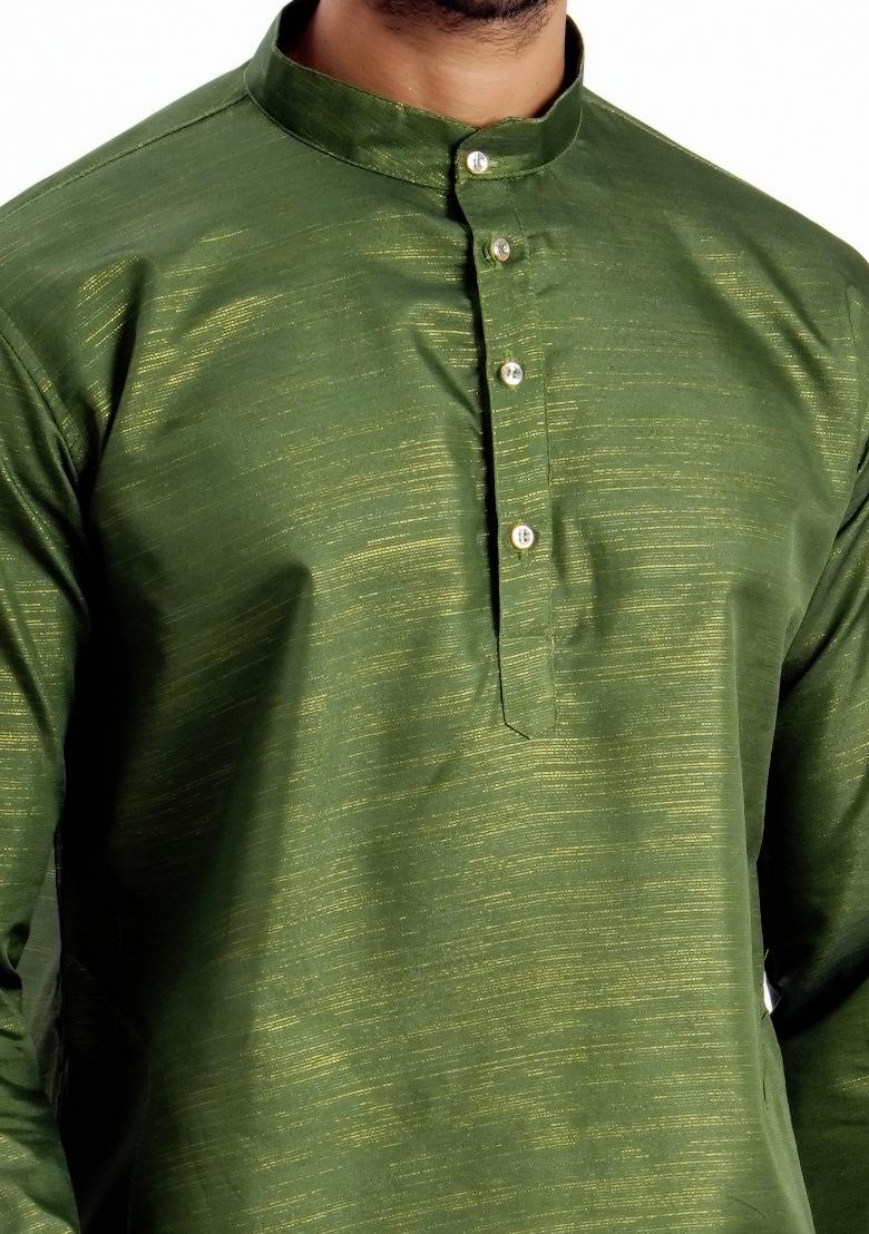 Green Jari Work Cotton Kurta For Men - Indya