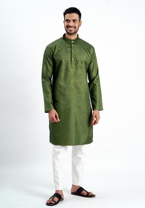 Green Jari Work Cotton Kurta For Men