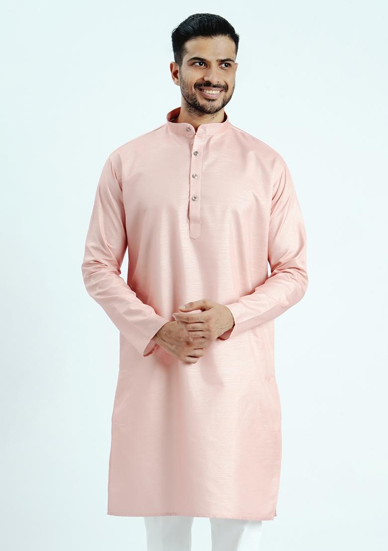 Peach Jari Work Cotton Kurta For Men - Indya