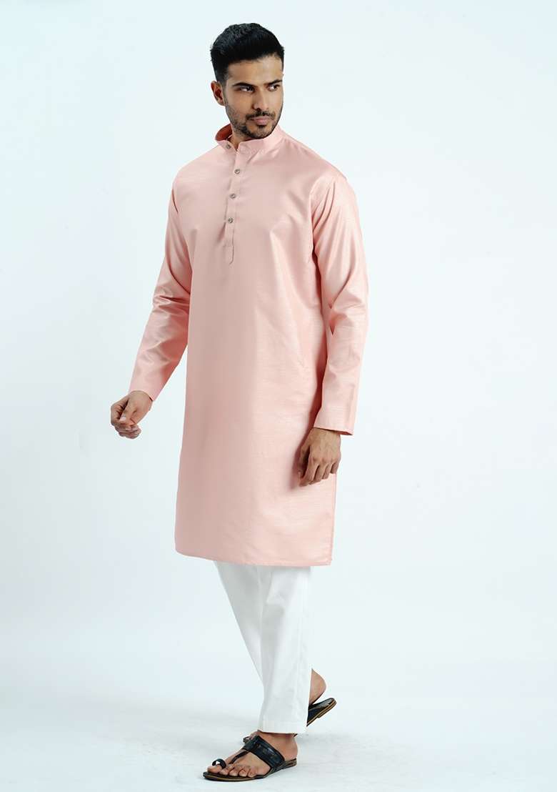 Peach Jari Work Cotton Kurta For Men - Indya