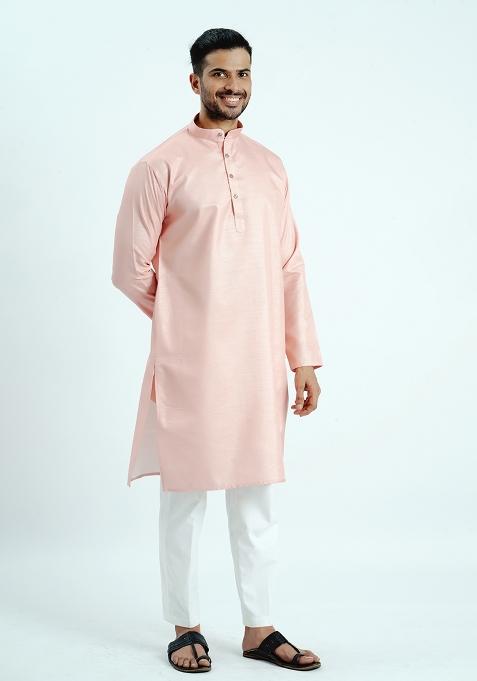 Peach Jari Work Cotton Kurta For Men