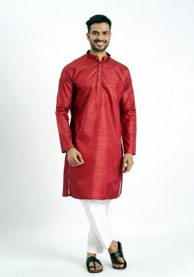 Red Jari Work Cotton Kurta For Men