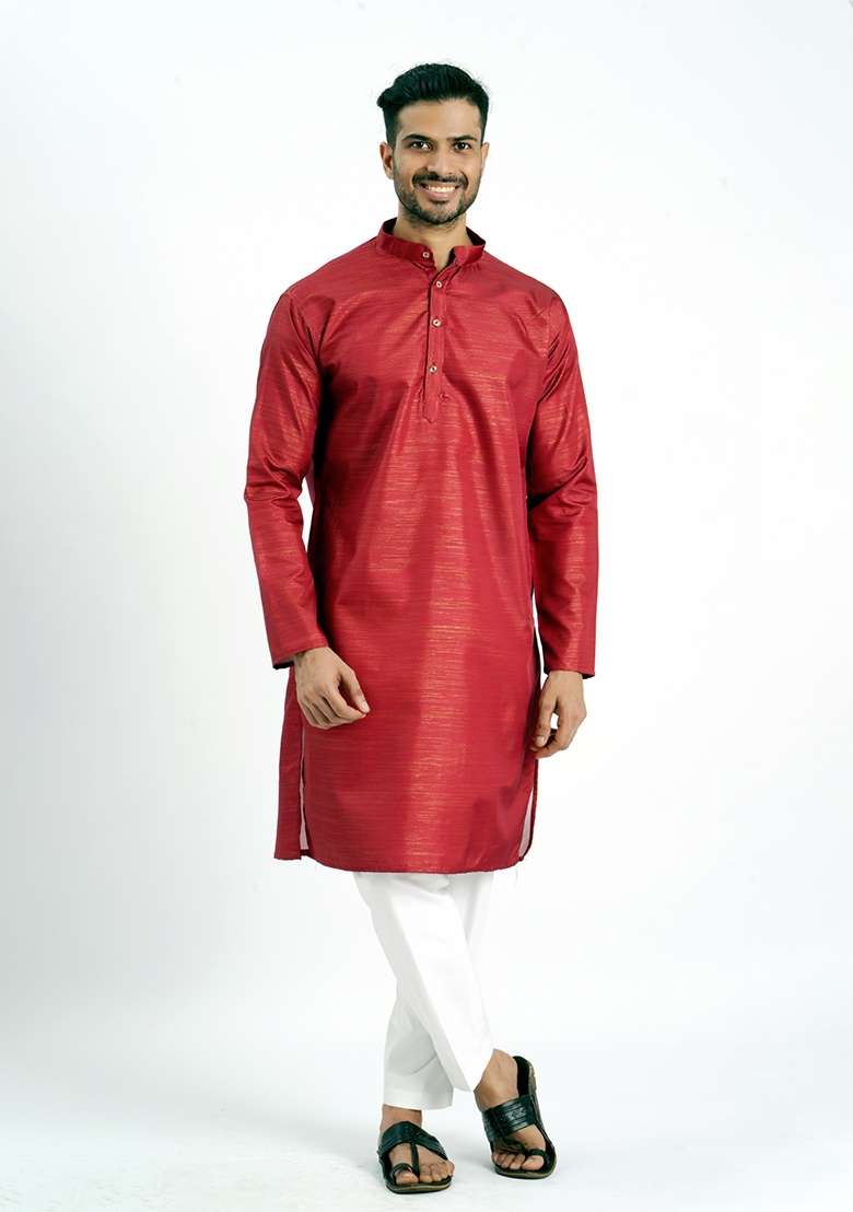 Red Jari Work Cotton Kurta For Men - Indya