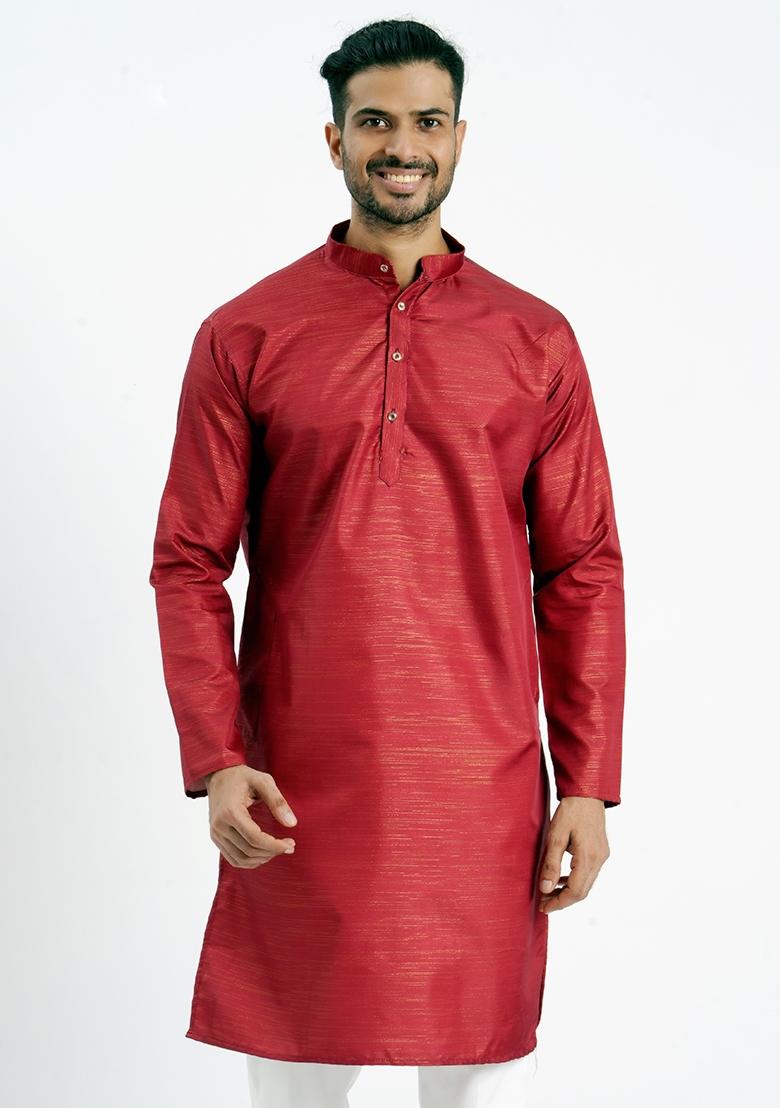 Red Jari Work Cotton Kurta For Men - Indya