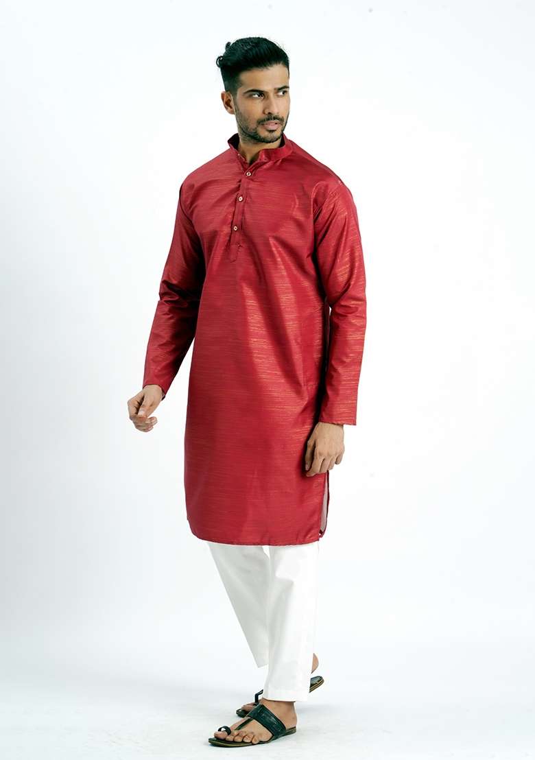 Red Jari Work Cotton Kurta For Men - Indya
