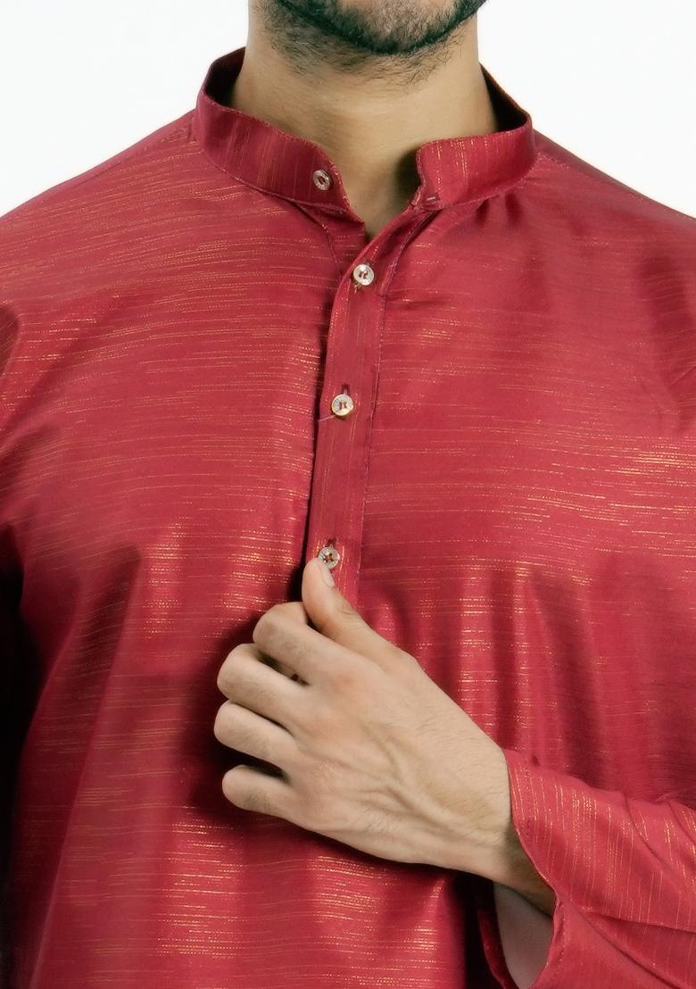 Red Jari Work Cotton Kurta For Men - Indya