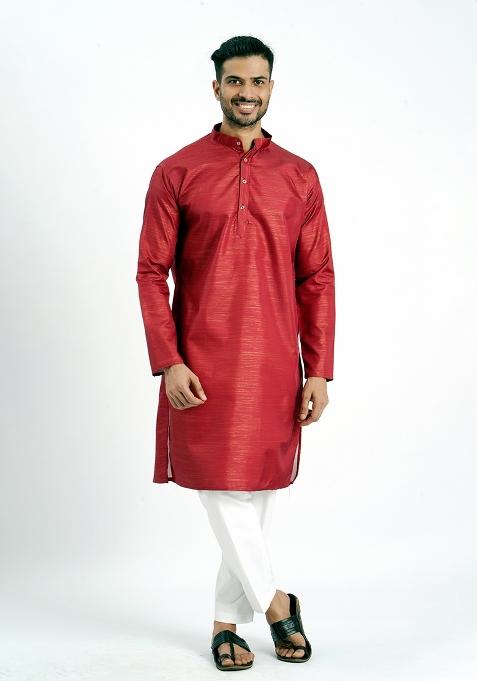 Red Jari Work Cotton Kurta For Men