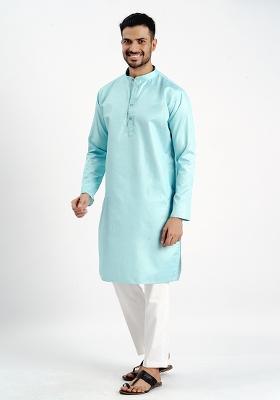 Sky Blue Jari Work Cotton Kurta For Men