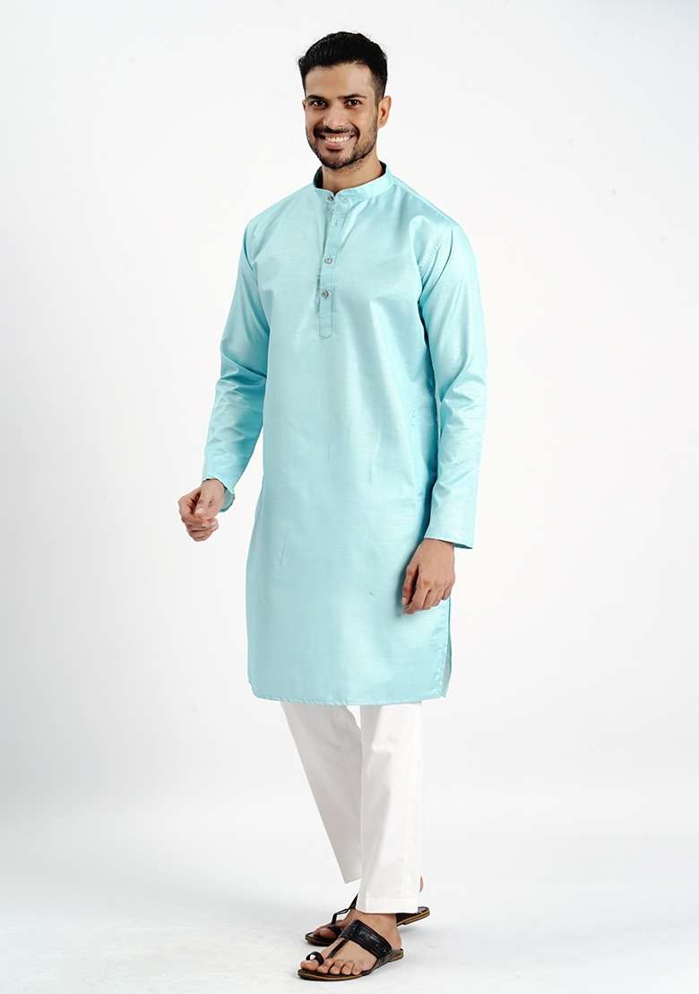 Sky Blue Jari Work Cotton Kurta For Men - Indya
