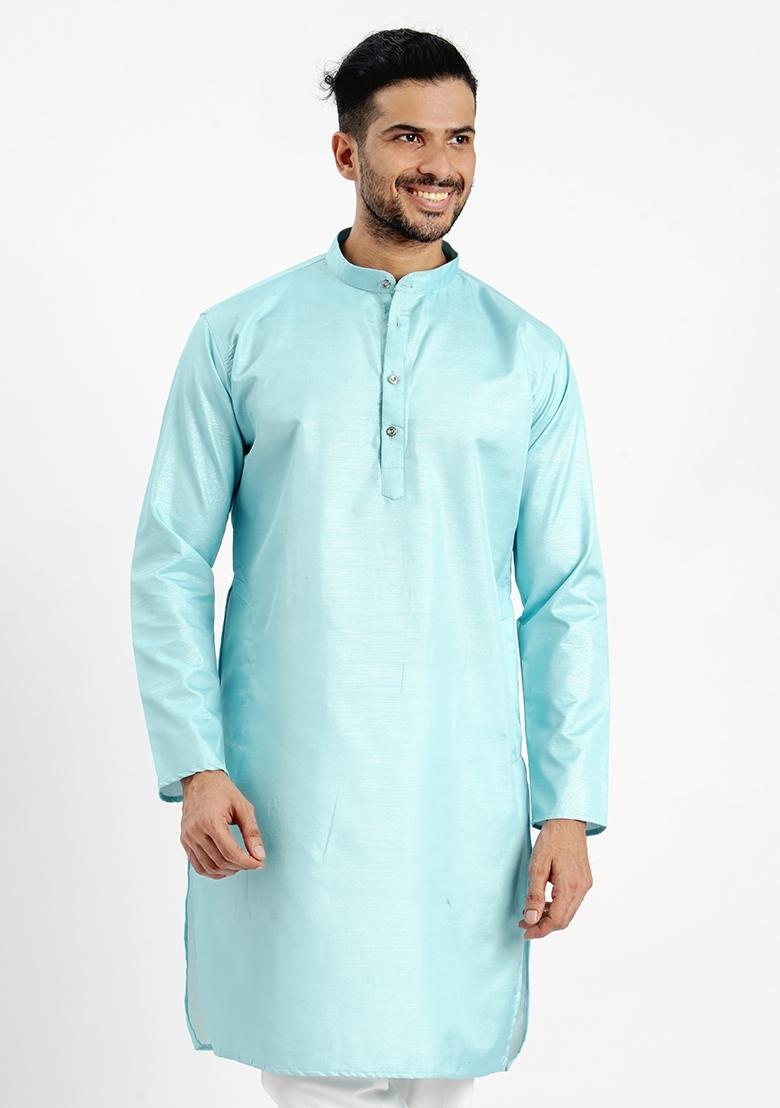 Sky Blue Jari Work Cotton Kurta For Men - Indya