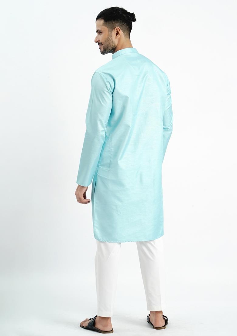 Sky Blue Jari Work Cotton Kurta For Men - Indya