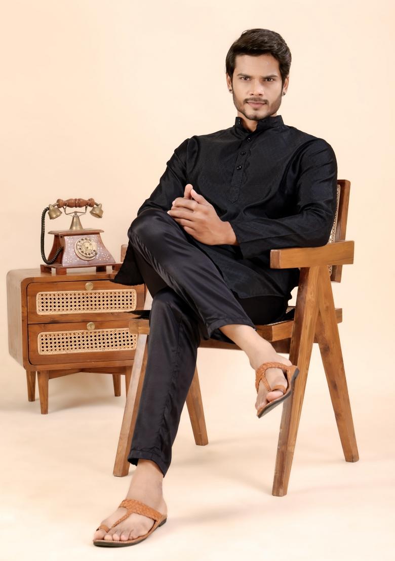 Black Jari Work Silk Kurta For Men - Indya