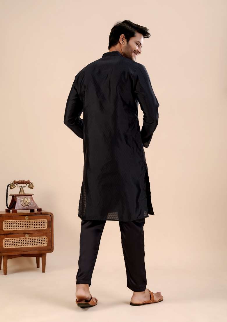Black Jari Work Silk Kurta For Men - Indya