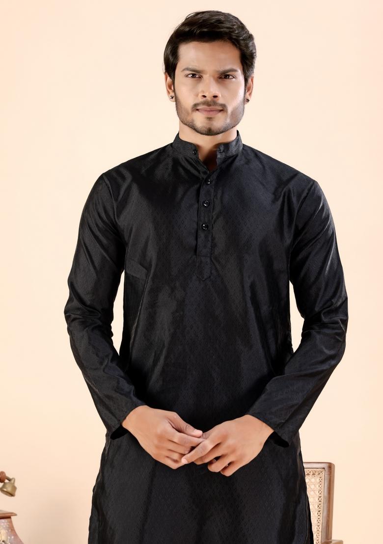 Black Jari Work Silk Kurta For Men - Indya