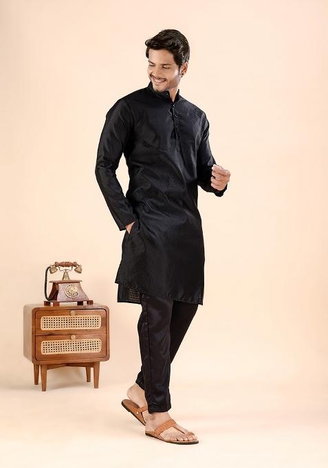 Black Jari Work Silk Kurta For Men