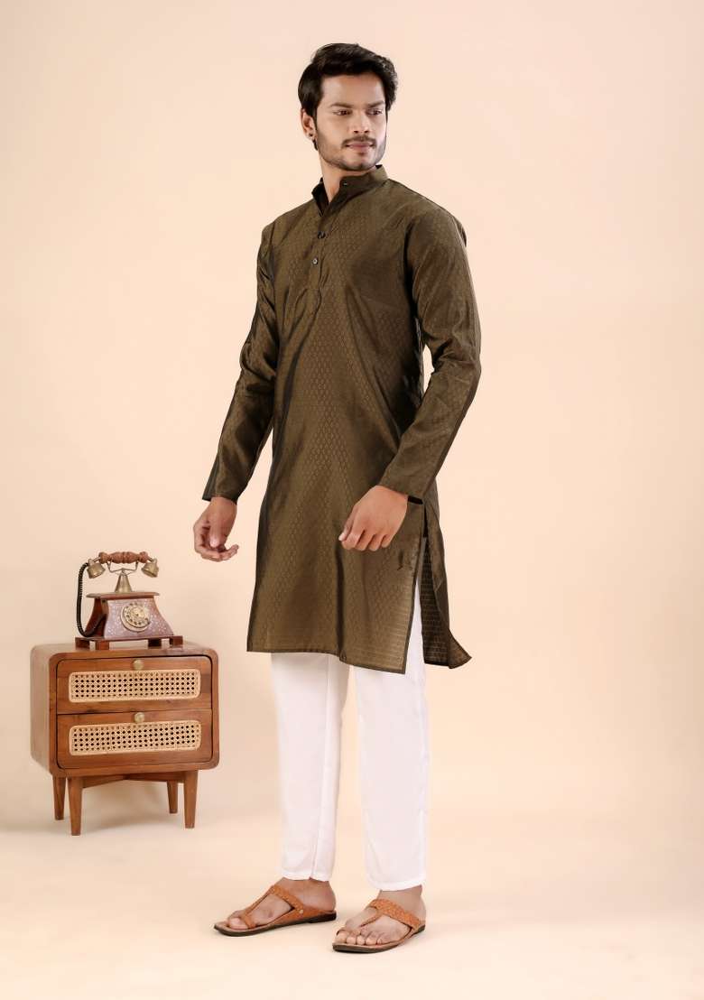 Brown Jari Work Silk Kurta For Men - Indya