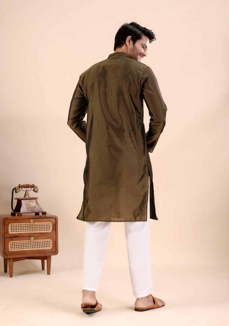 Brown Jari Work Silk Kurta For Men - Indya
