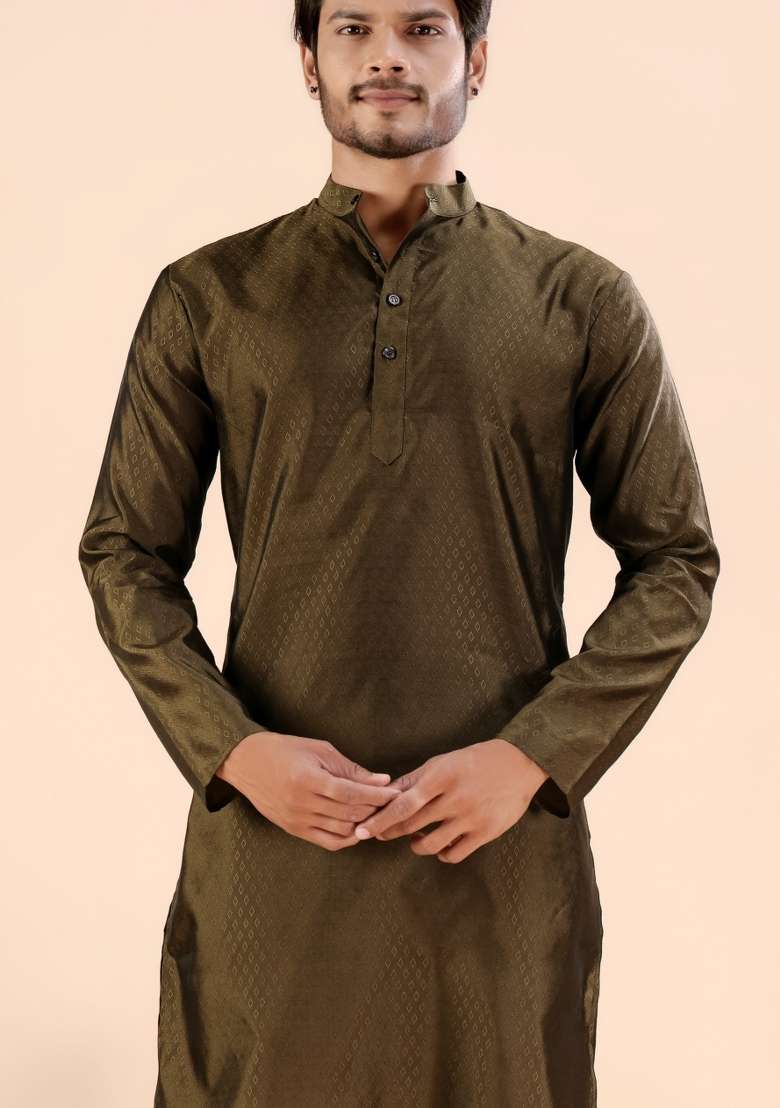 Brown Jari Work Silk Kurta For Men - Indya
