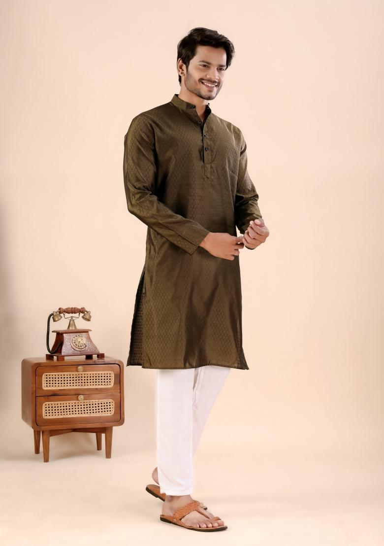 Brown Jari Work Silk Kurta For Men - Indya