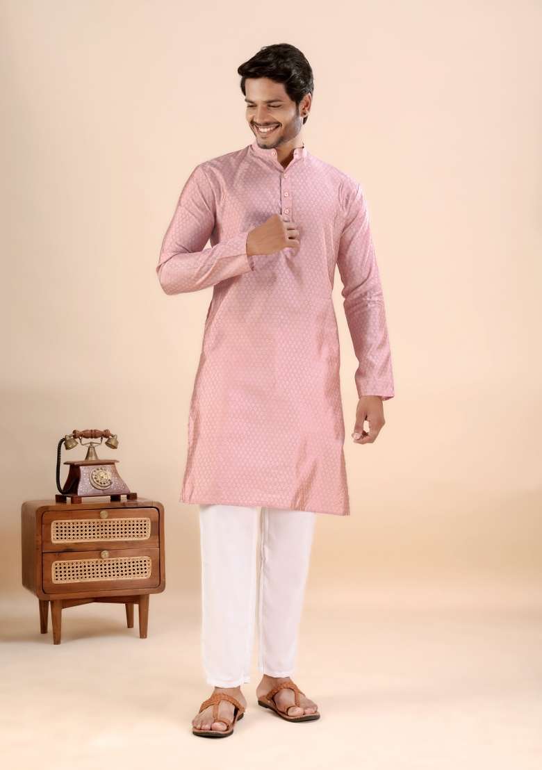 Peach Jari Work Silk Kurta For Men - Indya
