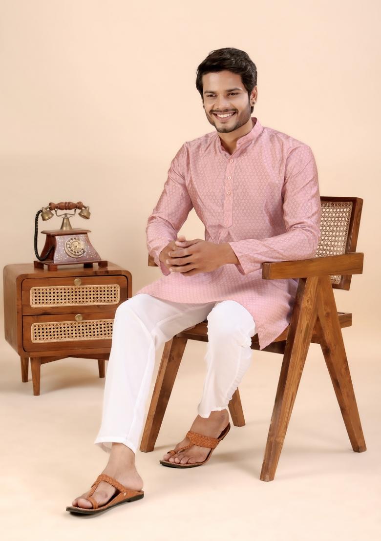 Peach Jari Work Silk Kurta For Men - Indya