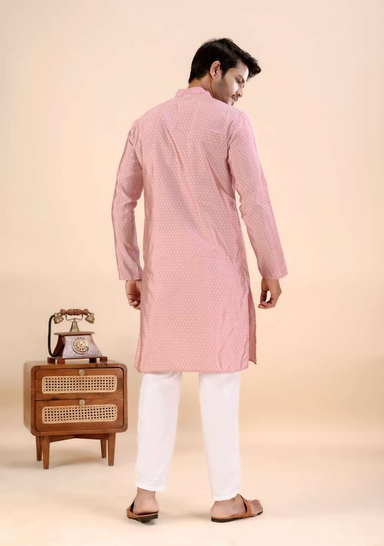 Peach Jari Work Silk Kurta For Men - Indya