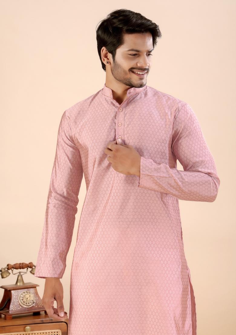 Peach Jari Work Silk Kurta For Men - Indya