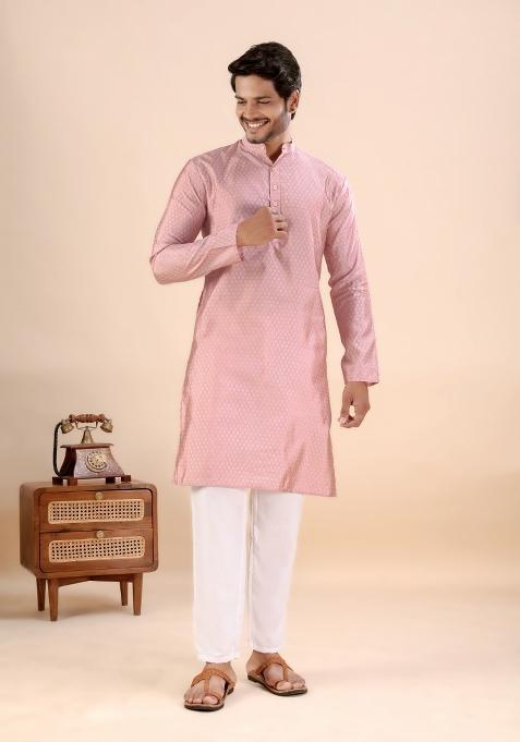 Peach Jari Work Silk Kurta For Men