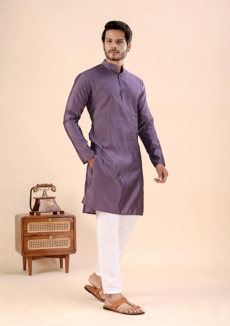 Wine Jari Work Silk Kurta For Men - Indya