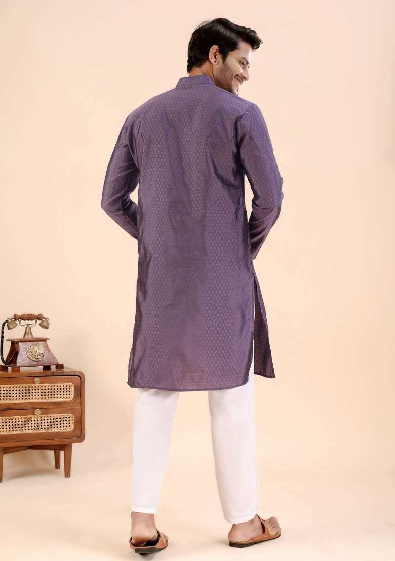 Wine Jari Work Silk Kurta For Men - Indya
