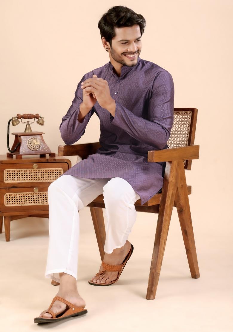 Wine Jari Work Silk Kurta For Men - Indya