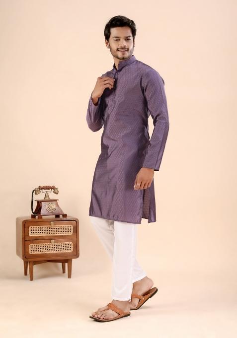 Wine Jari Work Silk Kurta For Men