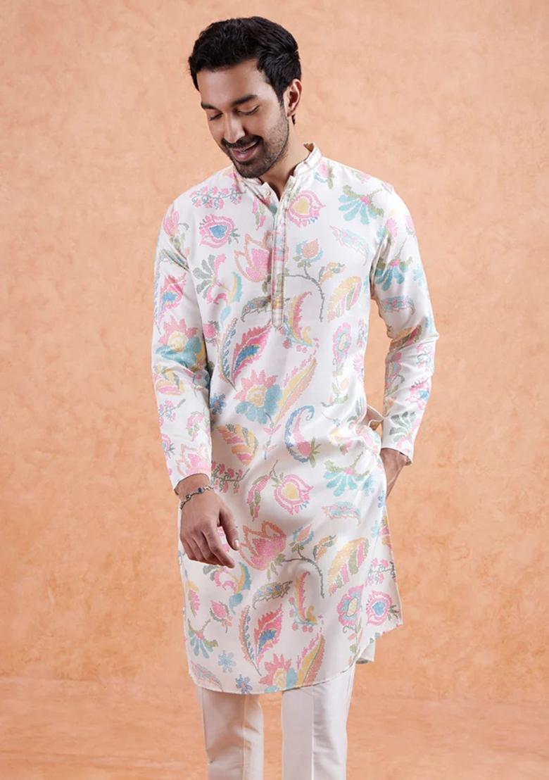 Cream Printed Linen Kurta For Men - Indya