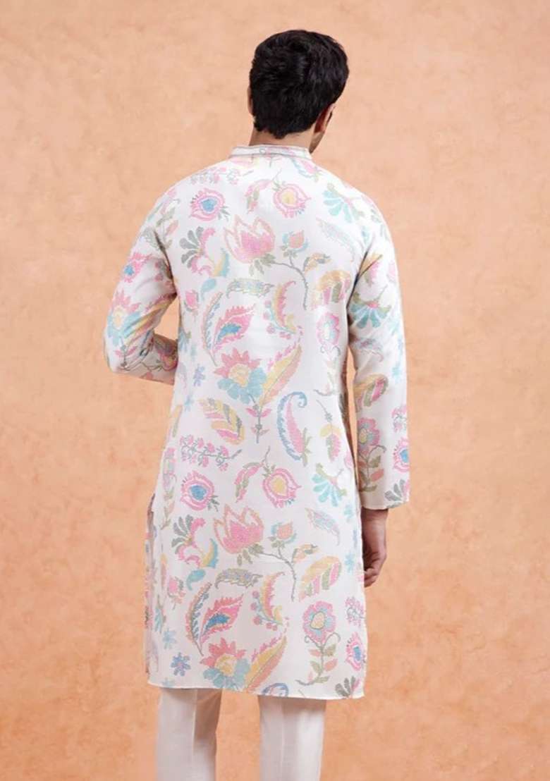 Cream Printed Linen Kurta For Men - Indya