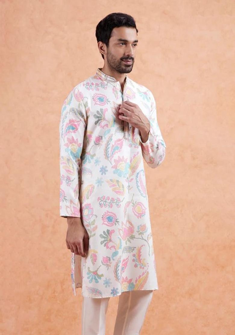 Cream Printed Linen Kurta For Men - Indya