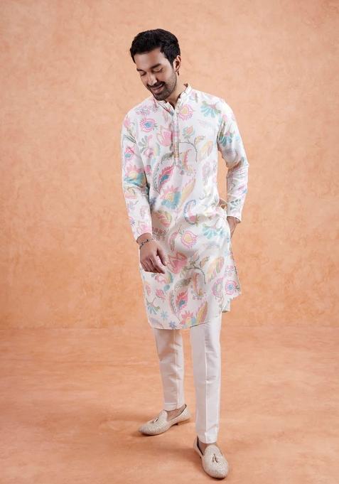 Cream Printed Linen Kurta For Men