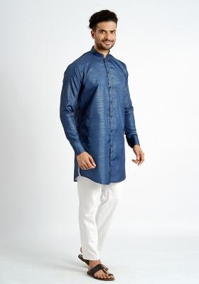 Blue Jari Work Cotton Kurta For Men