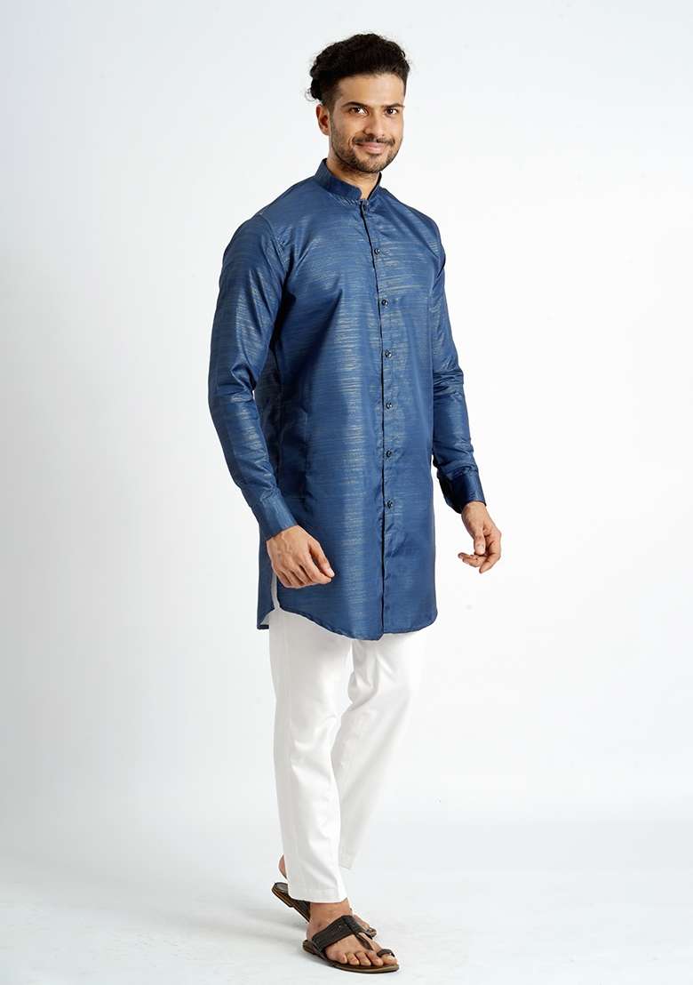 Blue Jari Work Cotton Kurta For Men - Indya