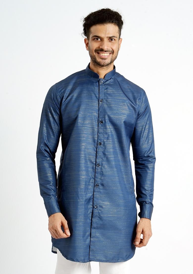 Blue Jari Work Cotton Kurta For Men - Indya