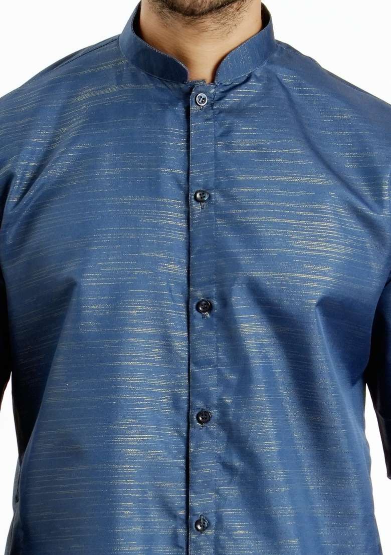 Blue Jari Work Cotton Kurta For Men - Indya