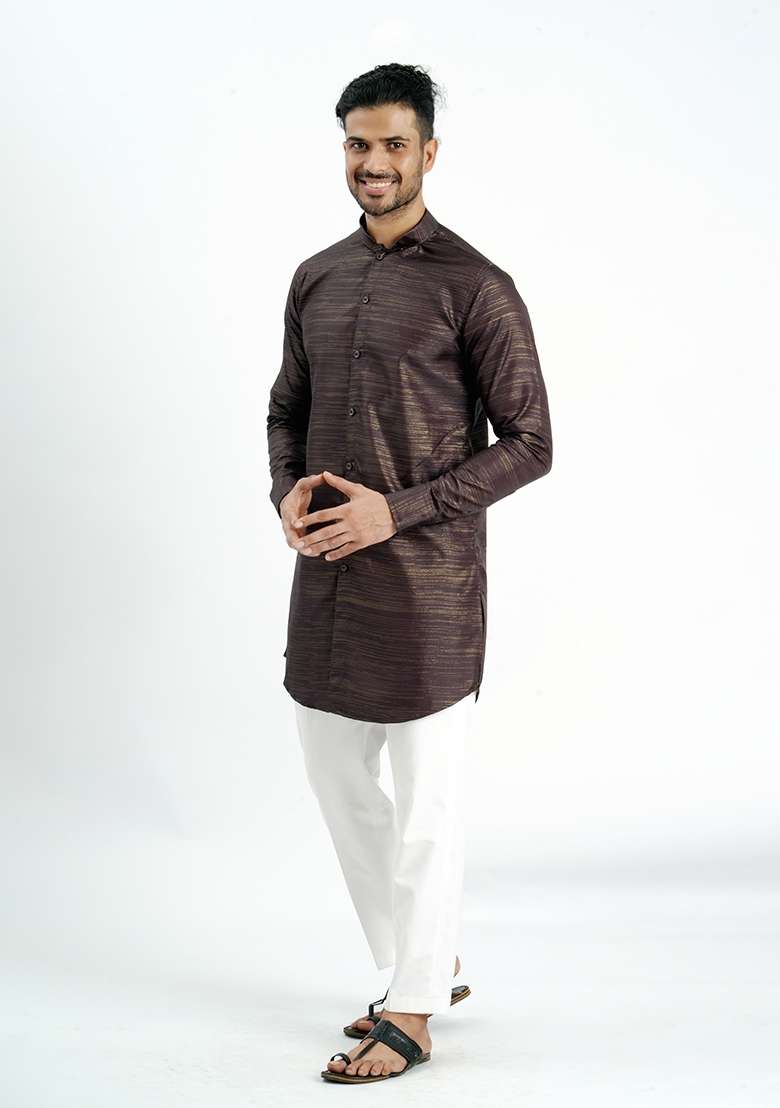 Chocolate Jari Work Cotton Kurta For Men - Indya