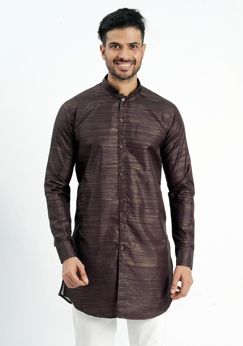 Chocolate Jari Work Cotton Kurta For Men - Indya