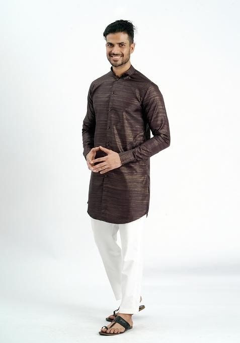 Chocolate Jari Work Cotton Kurta For Men