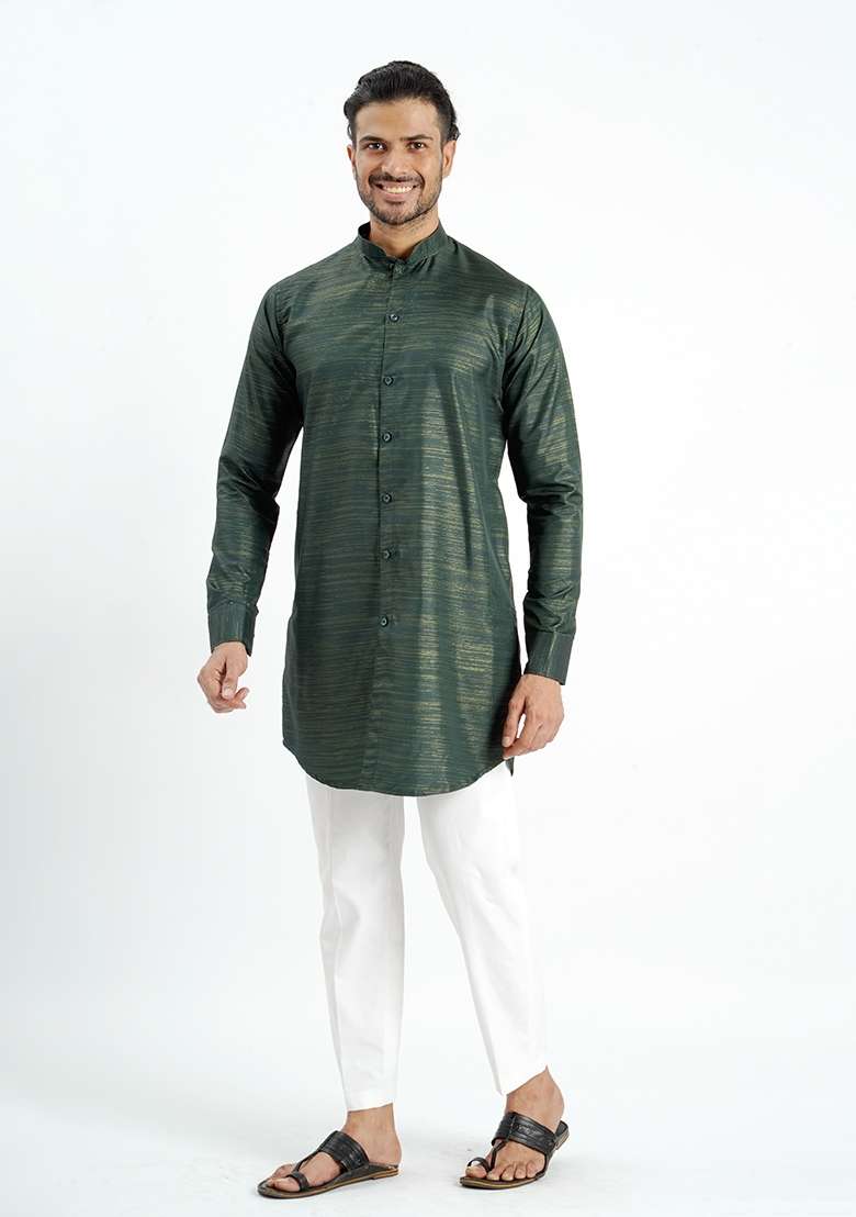 Dark Green Jari Work Cotton Kurta For Men - Indya