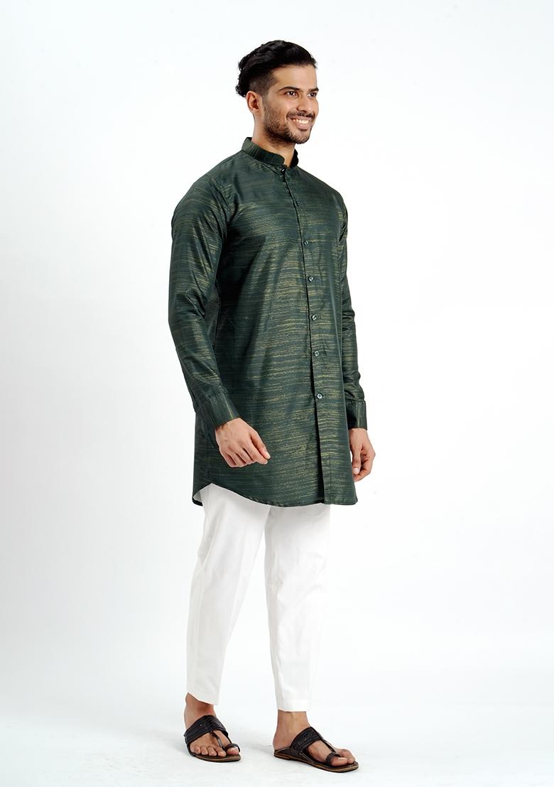 Dark Green Jari Work Cotton Kurta For Men - Indya