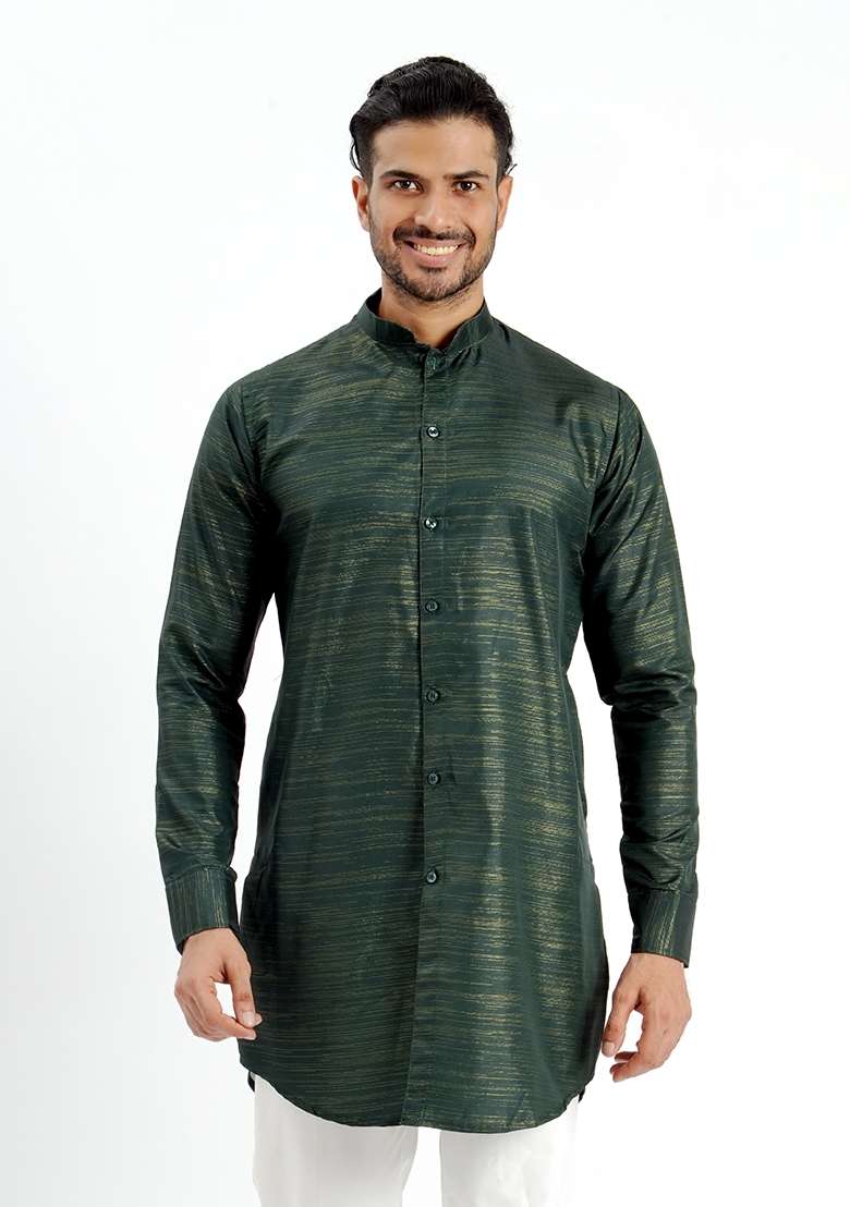 Dark Green Jari Work Cotton Kurta For Men - Indya