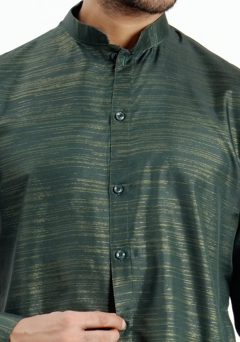 Dark Green Jari Work Cotton Kurta For Men - Indya