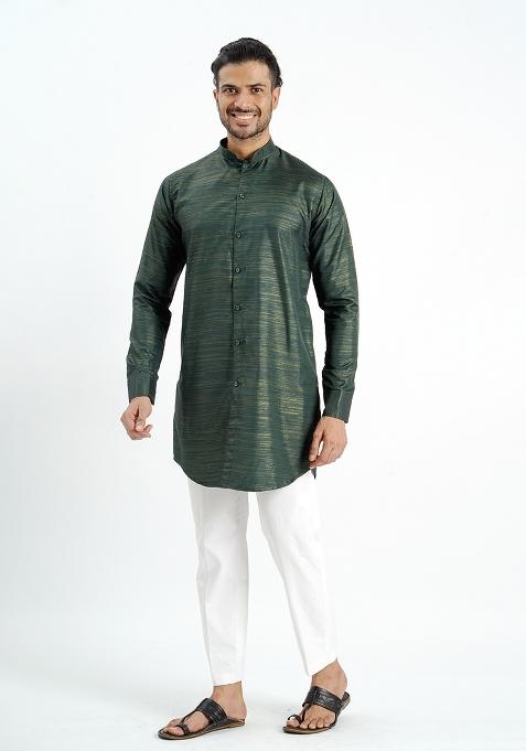 Dark Green Jari Work Cotton Kurta For Men