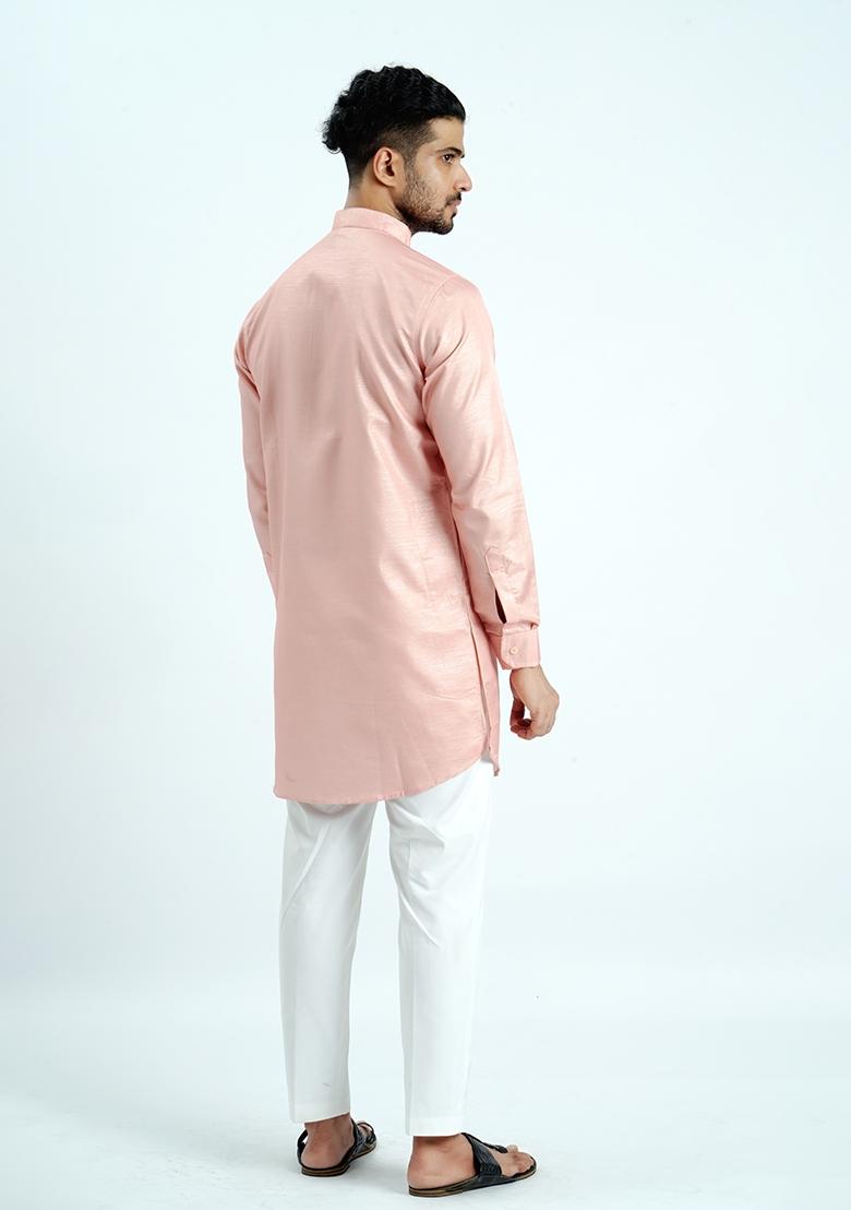 Peach Jari Work Cotton Kurta For Men - Indya